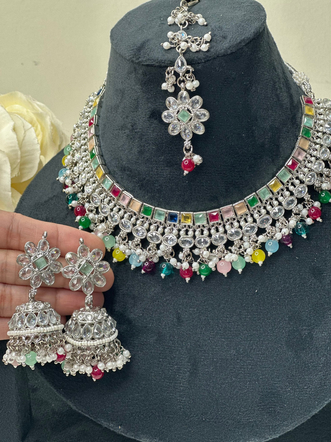Izhaar Indian Polki Kundan Necklace with Earrings Tikka / Wedding Jewelry/ Traditional Jewelry/ Bollywood set/ Indian Pakistani wedding set
