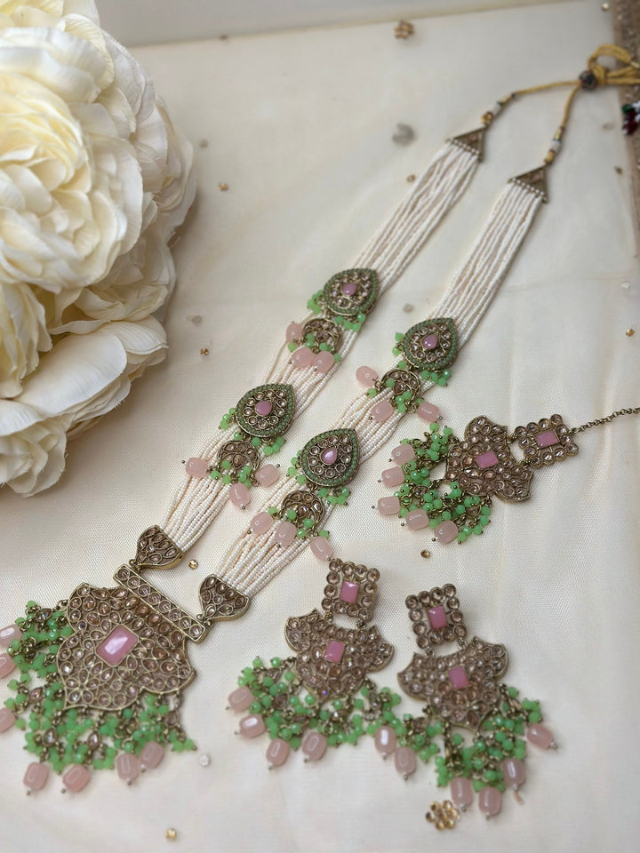 Izhaar Indian Polki Kundan long Necklace with Earrings Tikka / Wedding Jewelry/ Traditional Jewelry/ Bollywood set/ Long wedding set