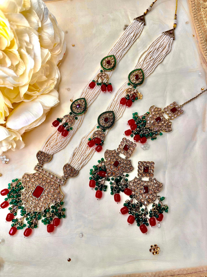 Izhaar Indian Polki Kundan long Necklace with Earrings Tikka / Wedding Jewelry/ Traditional Jewelry/ Bollywood set/ Long wedding set