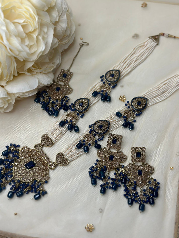 Izhaar Indian Polki Kundan long Necklace with Earrings Tikka / Wedding Jewelry/ Traditional Jewelry/ Bollywood set/ Long wedding set