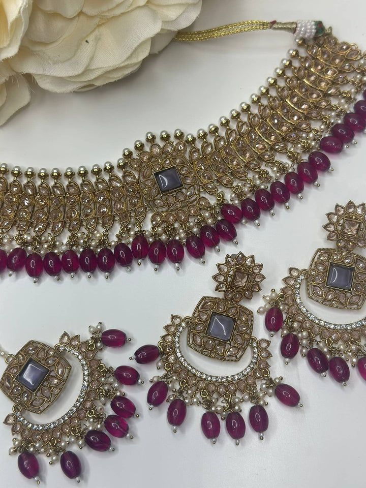 Izhaar Purple Color Indian Polki Reverse AD Necklace with Earrings Tikka / Wedding Jewelry/ Traditional Jewelry/Wedding set/Reverse AD.