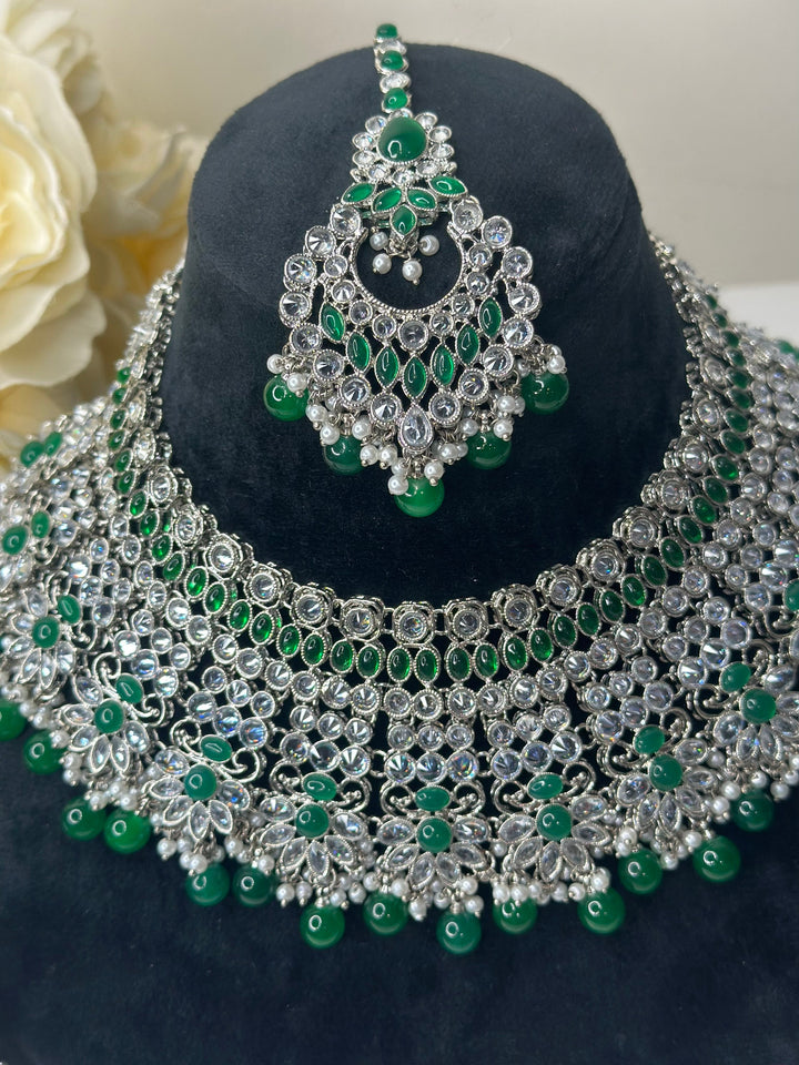 Izhaar Indian Polki Reverse AD Silver green Necklace with Earrings Tikka / Wedding Jewelry/ Traditional Jewelry/Wedding set/Reverse AD.