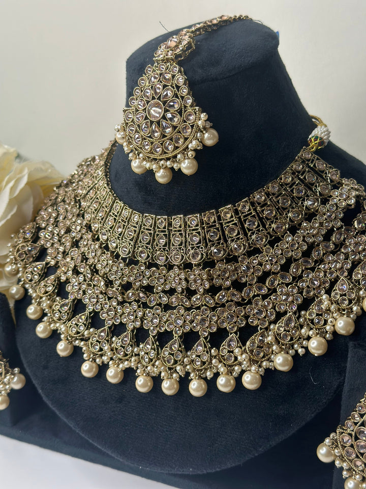 Izhaar Indian Polki Reverse AD Gold white Necklace with Earrings Tikka / Wedding Jewelry/ Traditional Jewelry/Wedding set/Reverse AD.