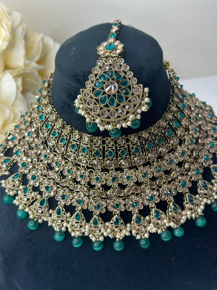 Izhaar Indian Polki Reverse AD Gold radium Necklace with Earrings Tikka / Wedding Jewelry/ Traditional Jewelry/Wedding set/Reverse AD