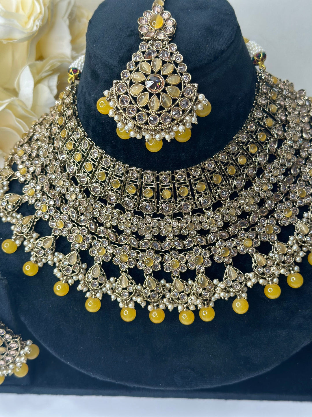 Izhaar Indian Polki Reverse AD Gold yellow Necklace with Earrings Tikka / Wedding Jewelry/ Traditional Jewelry/Wedding set/Reverse AD