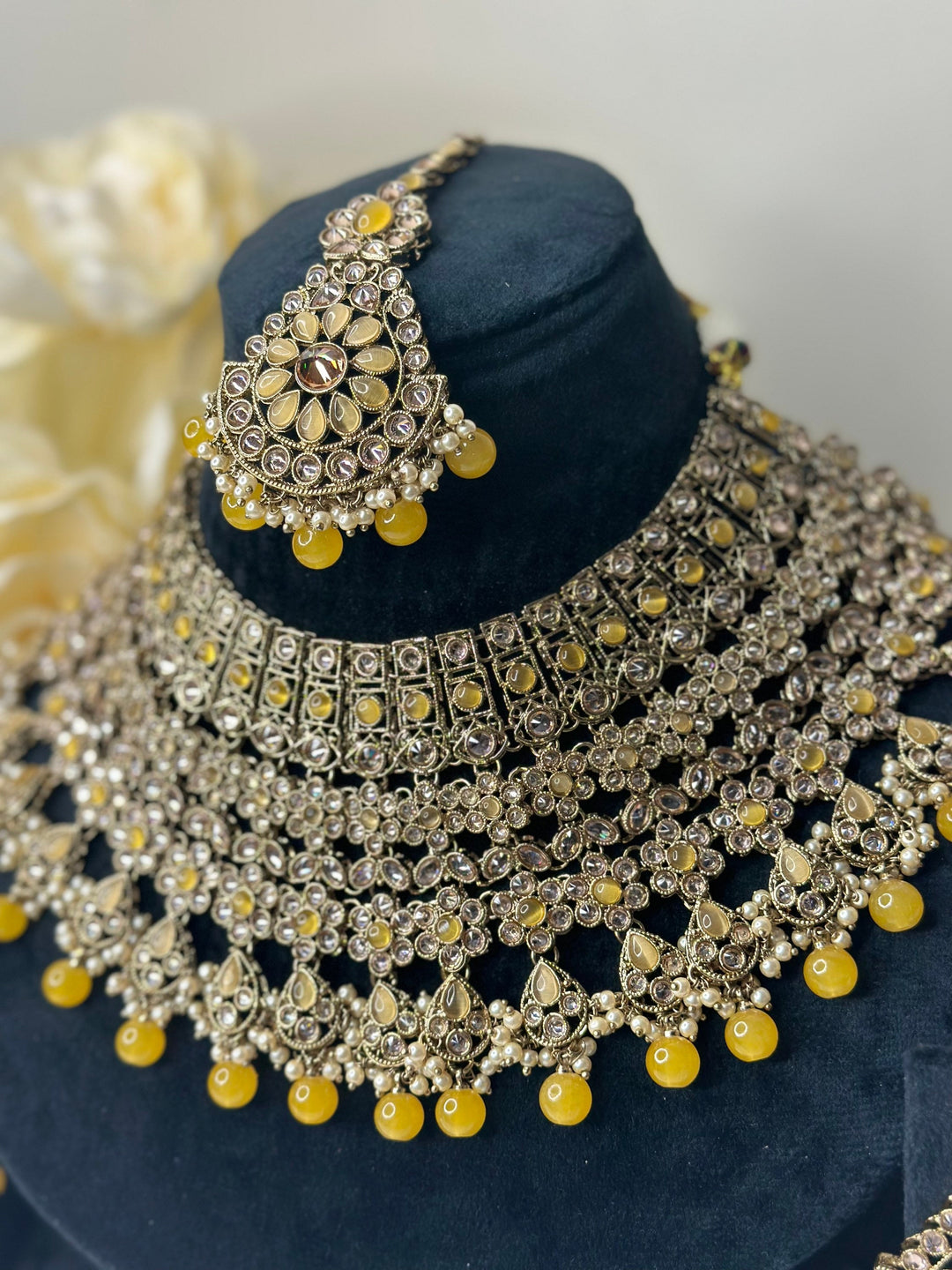 Izhaar Indian Polki Reverse AD Gold yellow Necklace with Earrings Tikka / Wedding Jewelry/ Traditional Jewelry/Wedding set/Reverse AD