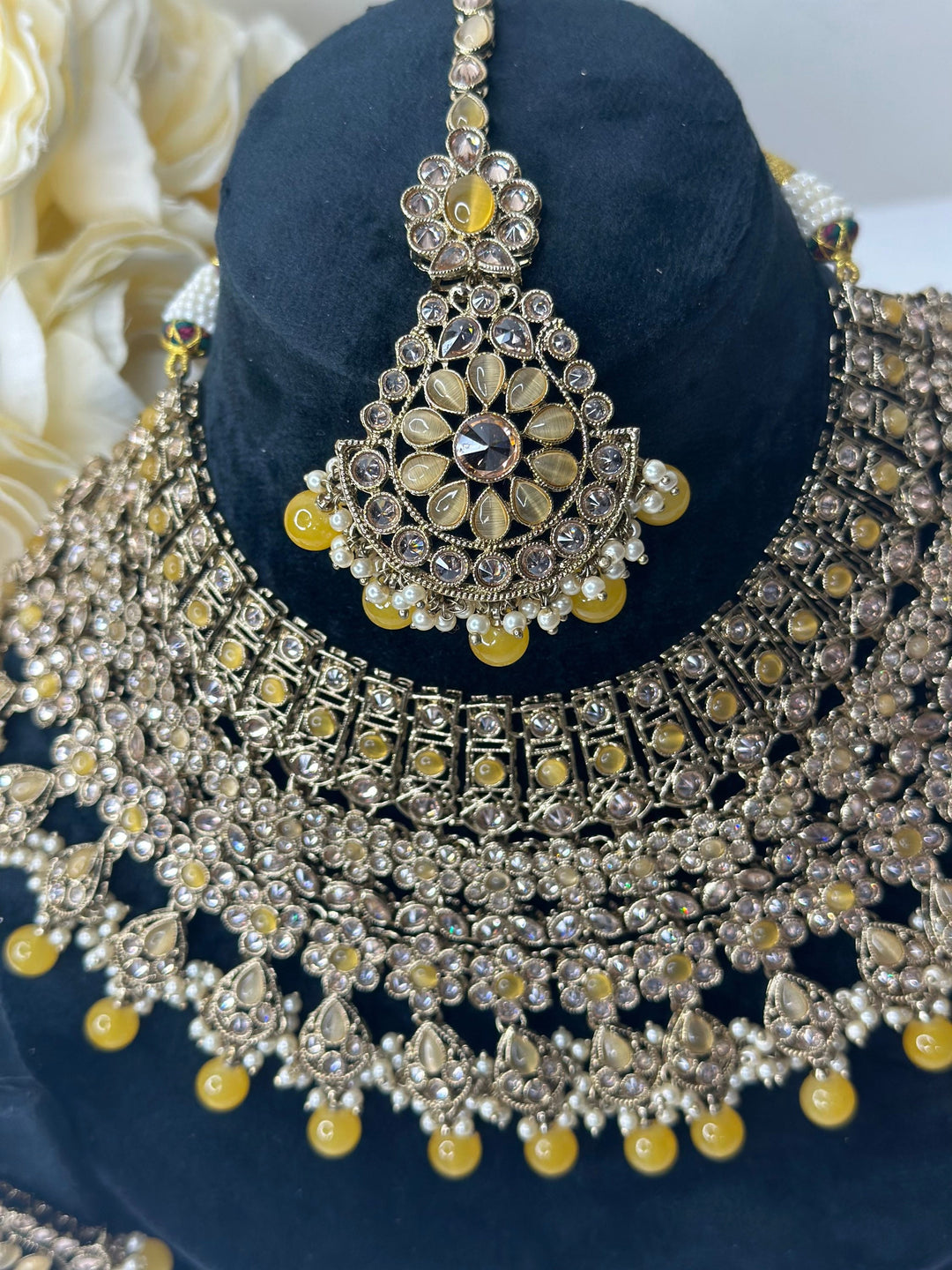 Izhaar Indian Polki Reverse AD Gold yellow Necklace with Earrings Tikka / Wedding Jewelry/ Traditional Jewelry/Wedding set/Reverse AD