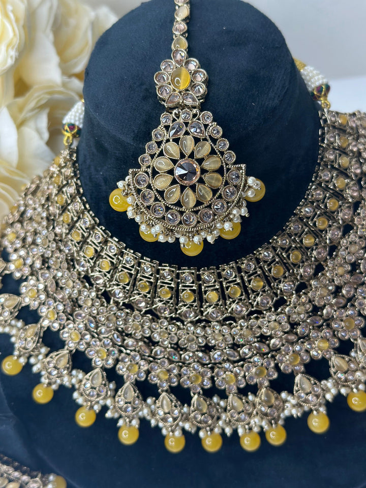 Izhaar Indian Polki Reverse AD Gold yellow Necklace with Earrings Tikka / Wedding Jewelry/ Traditional Jewelry/Wedding set/Reverse AD