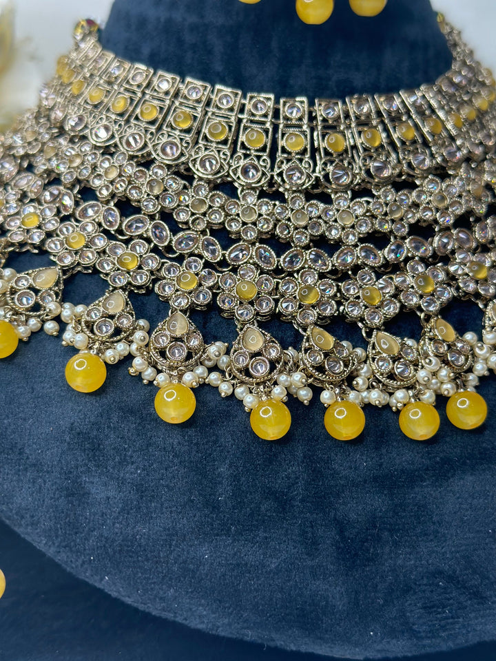 Izhaar Indian Polki Reverse AD Gold yellow Necklace with Earrings Tikka / Wedding Jewelry/ Traditional Jewelry/Wedding set/Reverse AD