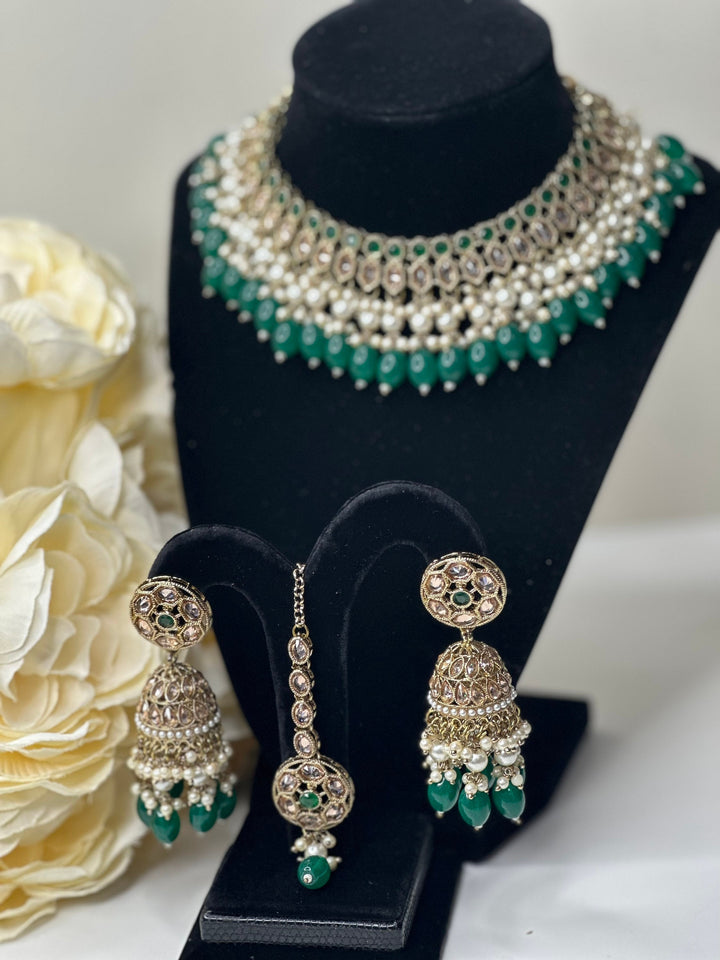 Izhaar Indian Polki Reverse AD Gold green Necklace with Earrings Tikka / Wedding Jewelry/ Traditional Jewelry/Wedding set/Reverse AD
