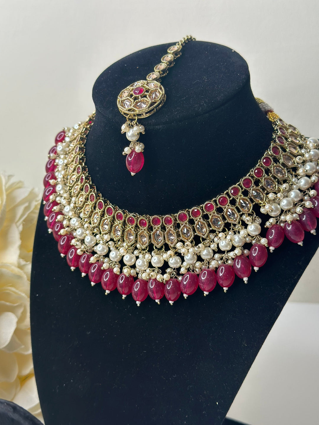 Izhaar Indian Polki Reverse AD Gold red Necklace with Earrings Tikka / Wedding Jewelry/ Traditional Jewelry/Wedding set/Reverse AD