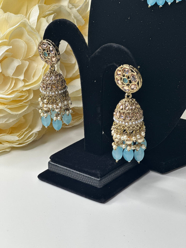 Izhaar Indian Polki Reverse AD Gold surf Firozi  Necklace with Earrings Tikka / Wedding Jewelry/ Traditional Jewelry/Wedding set/Reverse AD