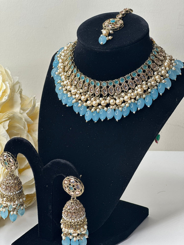Izhaar Indian Polki Reverse AD Gold surf Firozi  Necklace with Earrings Tikka / Wedding Jewelry/ Traditional Jewelry/Wedding set/Reverse AD