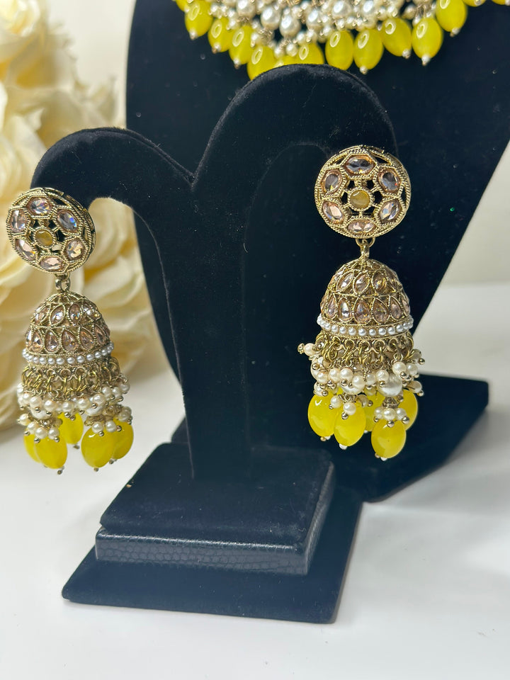Izhaar Indian Polki Reverse AD Gold yellow Necklace with Earrings Tikka / Wedding Jewelry/ Traditional Jewelry/Wedding set/Reverse AD