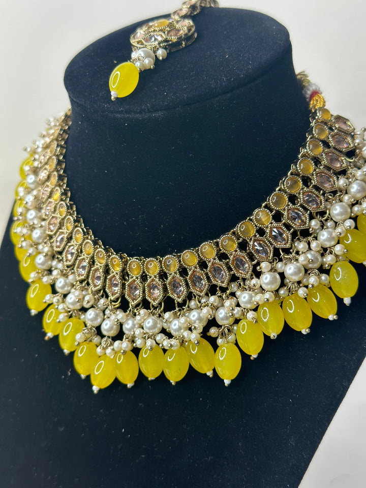 Izhaar Indian Polki Reverse AD Gold yellow Necklace with Earrings Tikka / Wedding Jewelry/ Traditional Jewelry/Wedding set/Reverse AD