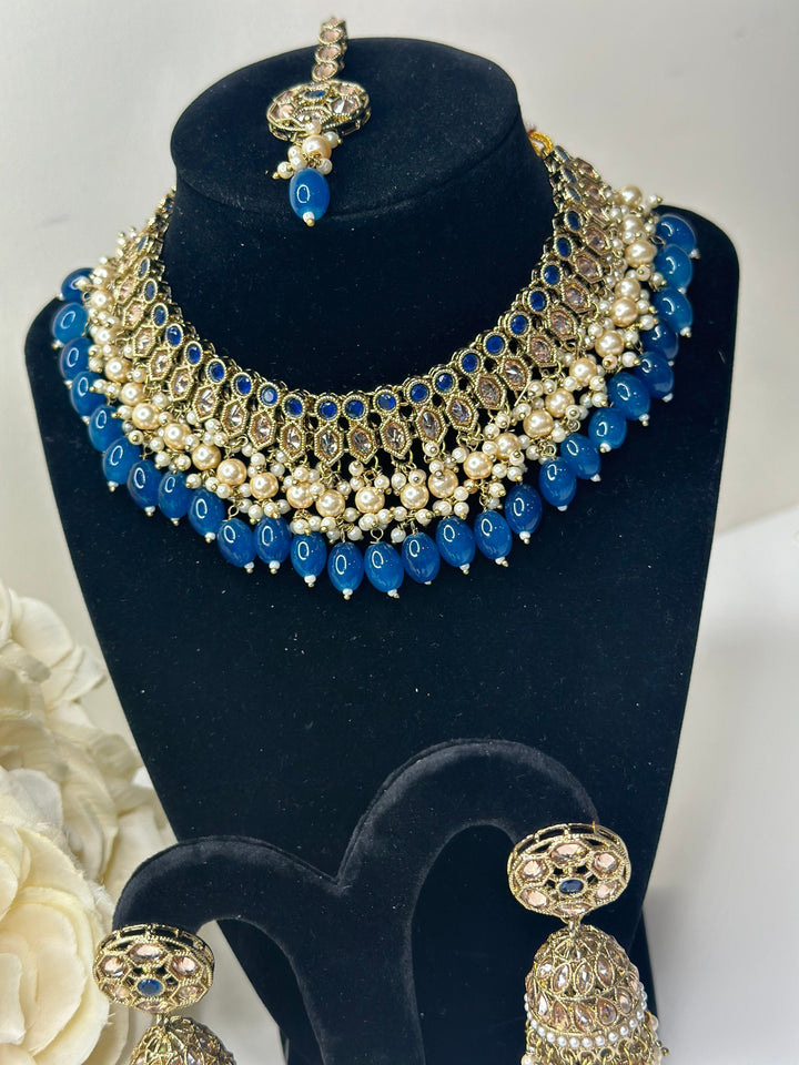 Izhaar Indian Polki Reverse AD Gold blue Necklace with Earrings Tikka / Wedding Jewelry/ Traditional Jewelry/Wedding set/Reverse AD