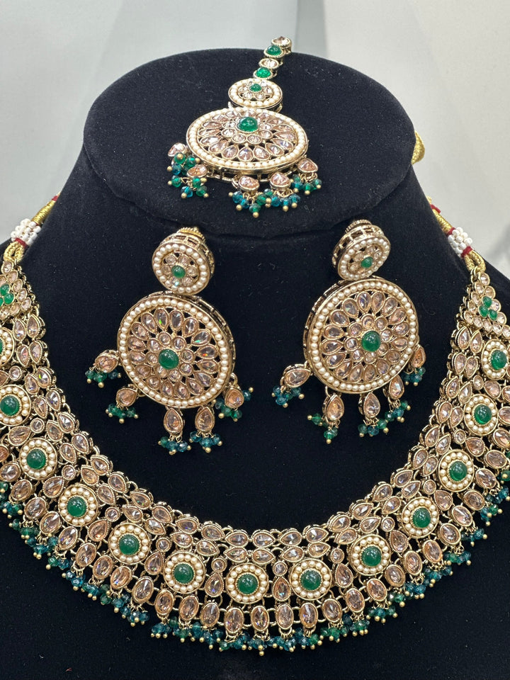 Izhaar Indian Polki Reverse AD Green Color Necklace with Earrings Tikka / Wedding Jewelry/ Traditional Jewelry/Wedding set/Reverse AD.