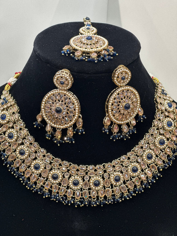 Izhaar Indian Polki Reverse AD D. Blue Color Necklace with Earrings Tikka / Wedding Jewelry/ Traditional Jewelry/Wedding set/Reverse AD.