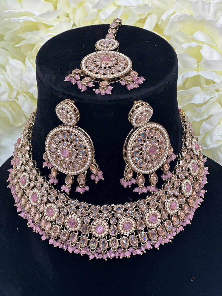 Izhaar Indian Polki Reverse AD Pink Color Necklace with Earrings Tikka / Wedding Jewelry/ Traditional Jewelry/Wedding set/Reverse AD.