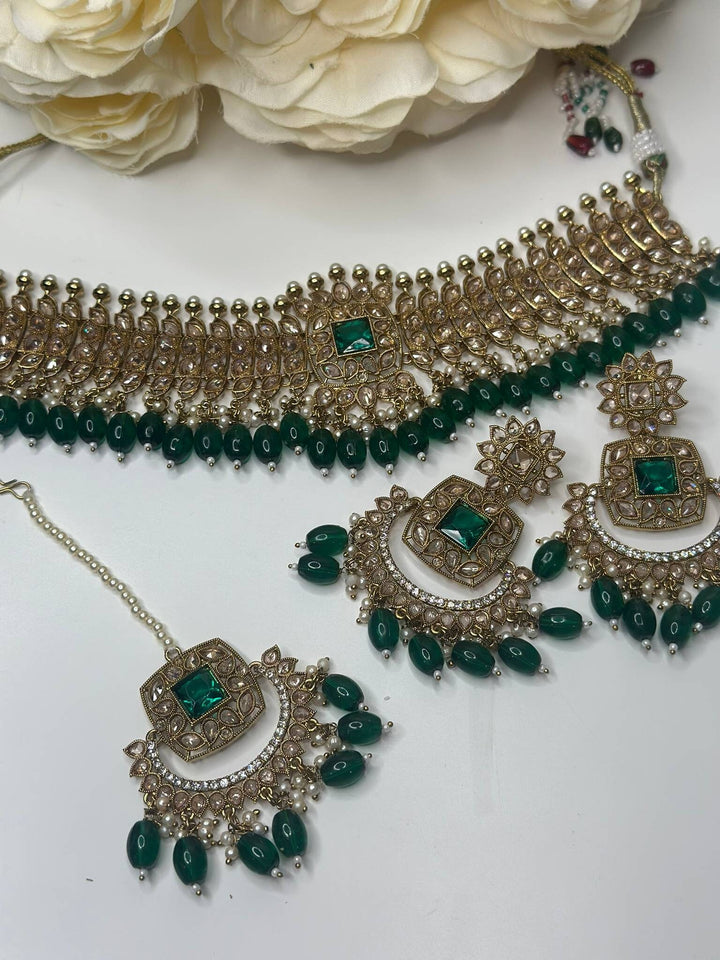Izhaar Green Color Indian Polki Reverse AD Necklace with Earrings Tikka / Wedding Jewelry/ Traditional Jewelry/Wedding set/Reverse AD.