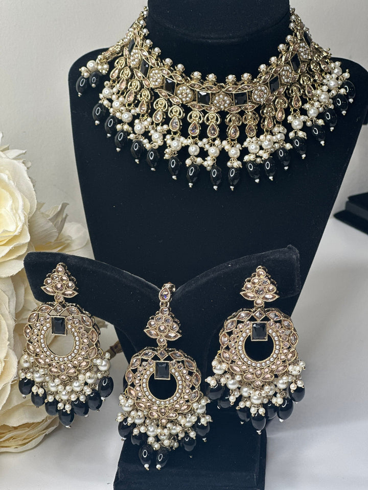 Izhaar Indian Polki Reverse AD black Necklace with Earrings Tikka / Wedding Jewelry/ Traditional Jewelry/Wedding set/Reverse AD.