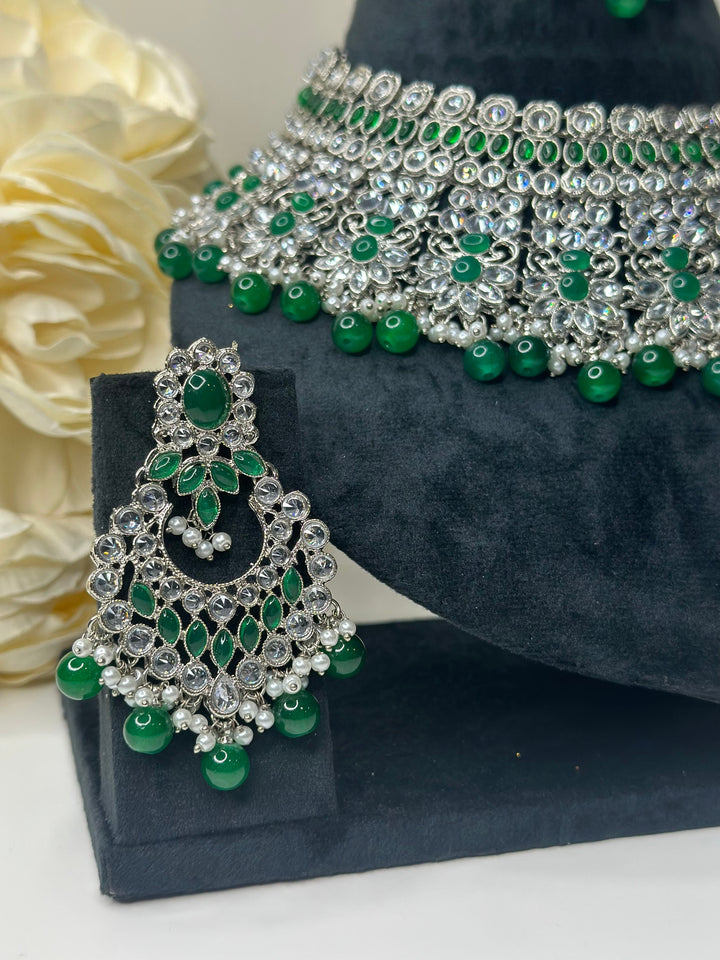 Izhaar Indian Polki Reverse AD Silver green Necklace with Earrings Tikka / Wedding Jewelry/ Traditional Jewelry/Wedding set/Reverse AD.