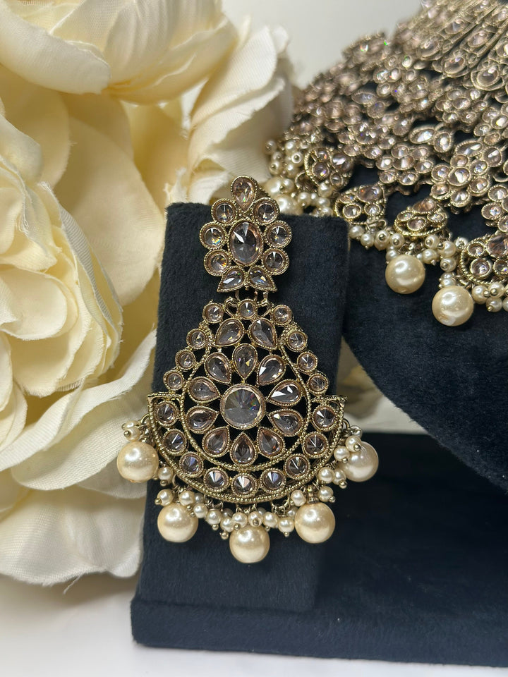Izhaar Indian Polki Reverse AD Gold white Necklace with Earrings Tikka / Wedding Jewelry/ Traditional Jewelry/Wedding set/Reverse AD.