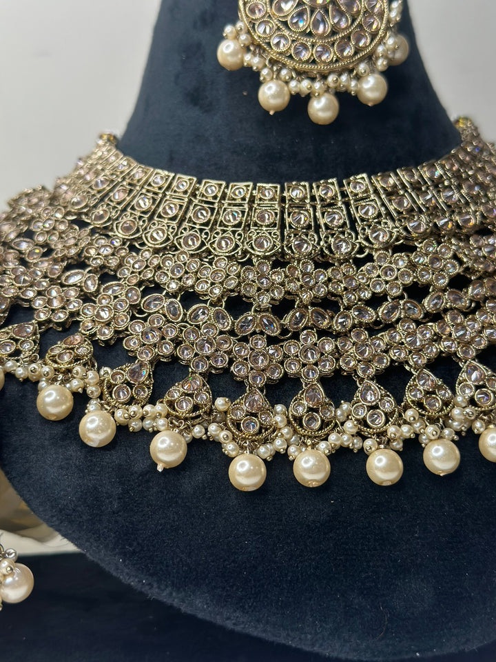 Izhaar Indian Polki Reverse AD Gold white Necklace with Earrings Tikka / Wedding Jewelry/ Traditional Jewelry/Wedding set/Reverse AD.