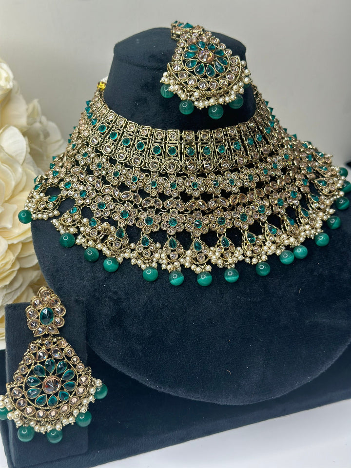 Izhaar Indian Polki Reverse AD Gold radium Necklace with Earrings Tikka / Wedding Jewelry/ Traditional Jewelry/Wedding set/Reverse AD