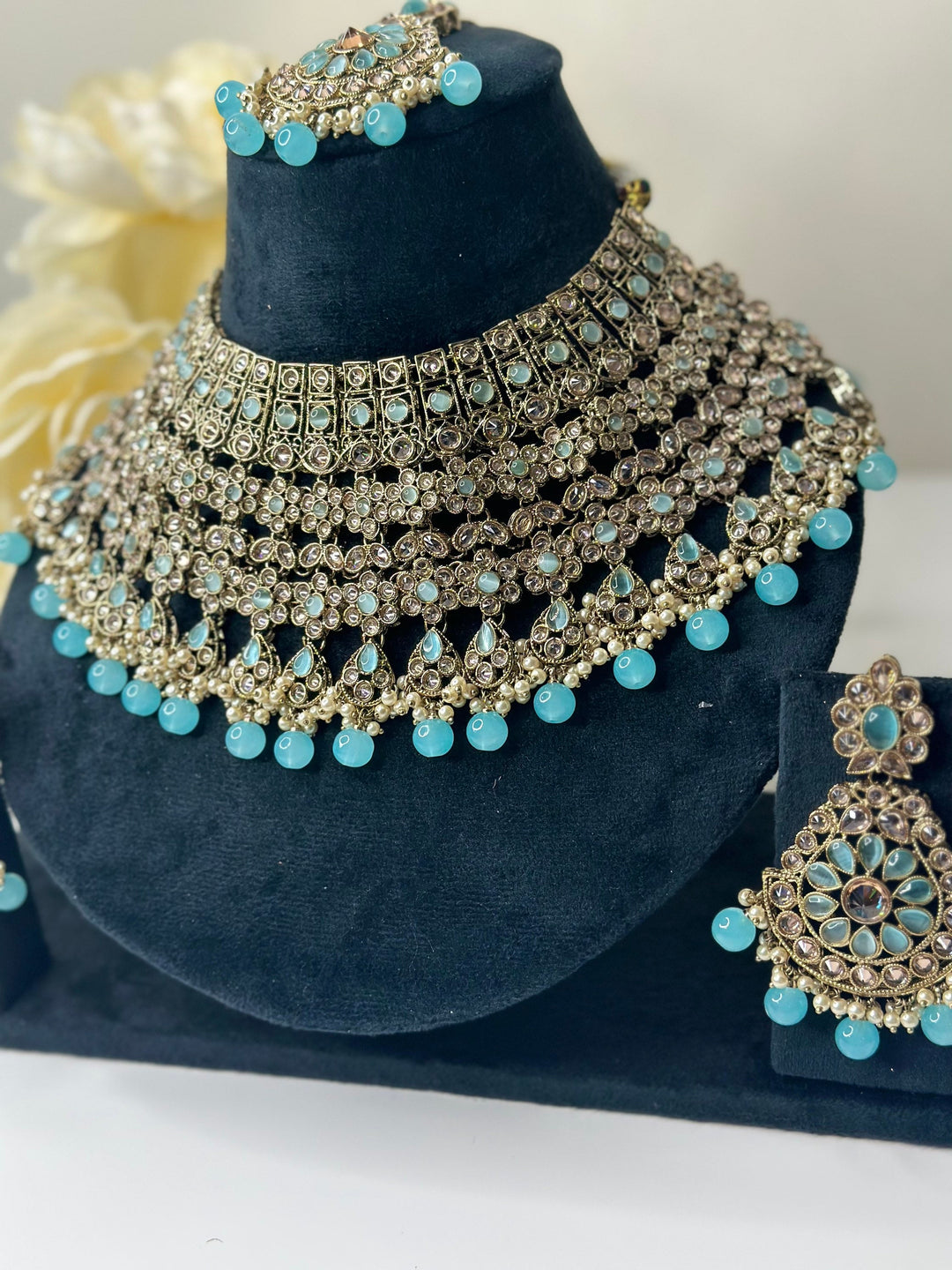 Izhaar Indian Polki Reverse AD Gold surf blue Necklace with Earrings Tikka / Wedding Jewelry/ Traditional Jewelry/Wedding set/Reverse AD