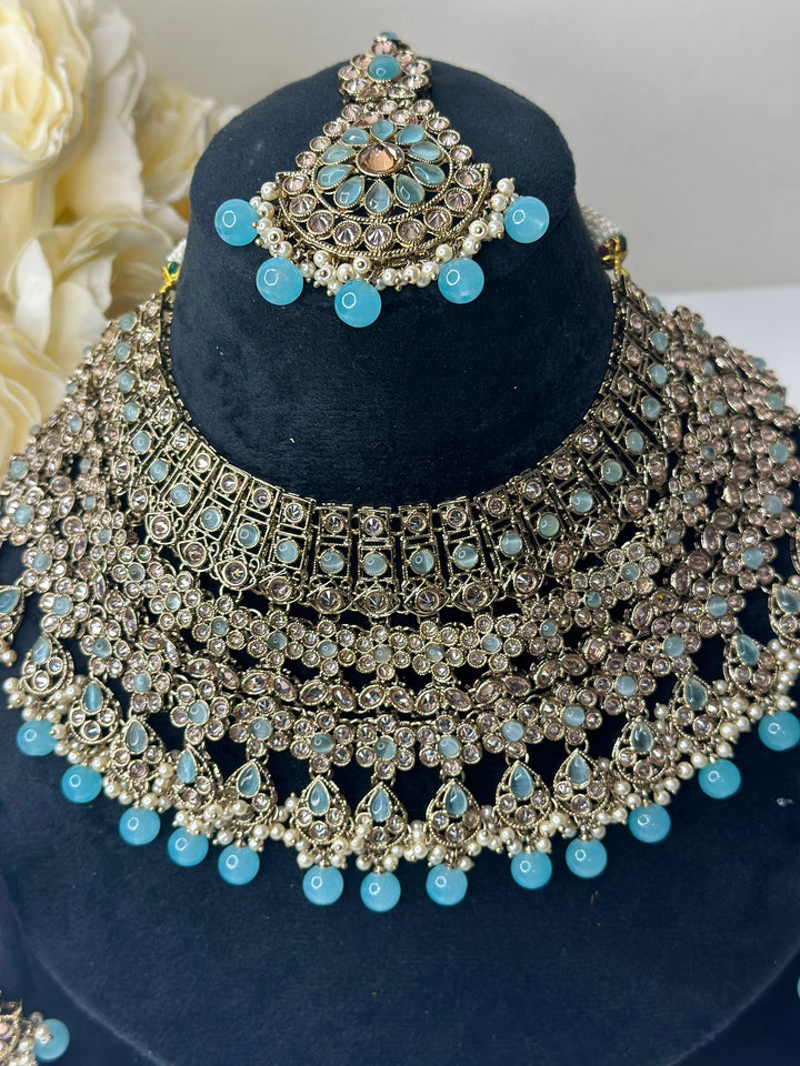 Izhaar Indian Polki Reverse AD Gold surf blue Necklace with Earrings Tikka / Wedding Jewelry/ Traditional Jewelry/Wedding set/Reverse AD