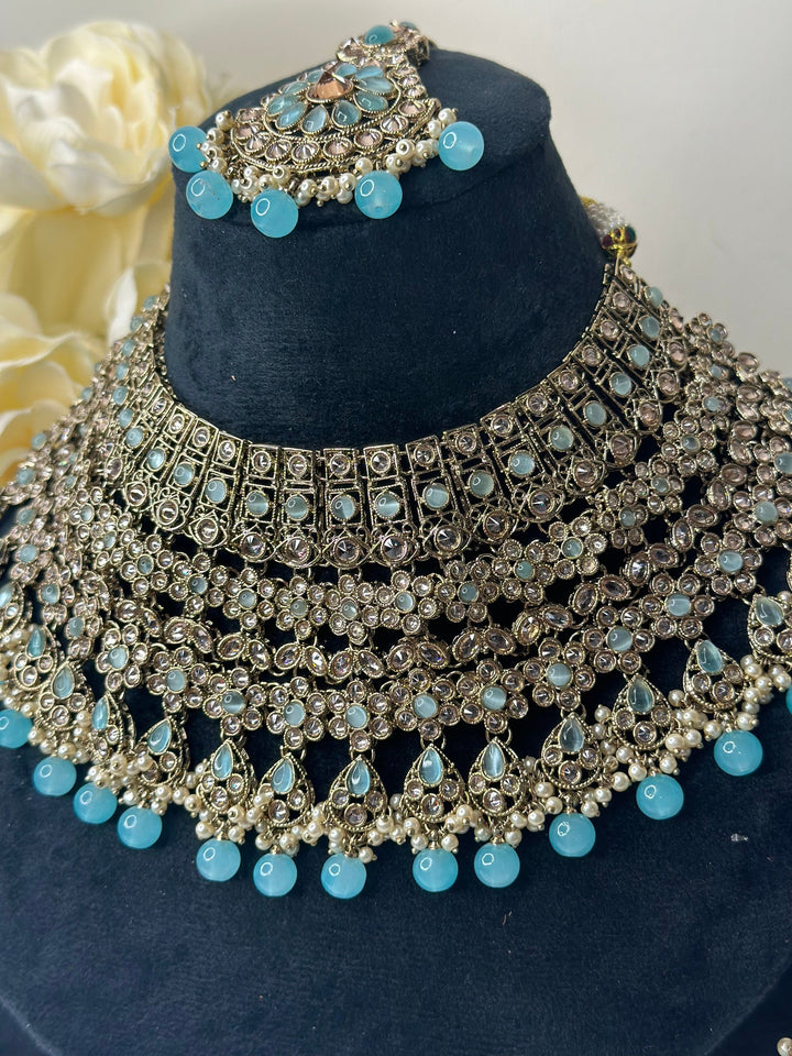 Izhaar Indian Polki Reverse AD Gold surf blue Necklace with Earrings Tikka / Wedding Jewelry/ Traditional Jewelry/Wedding set/Reverse AD