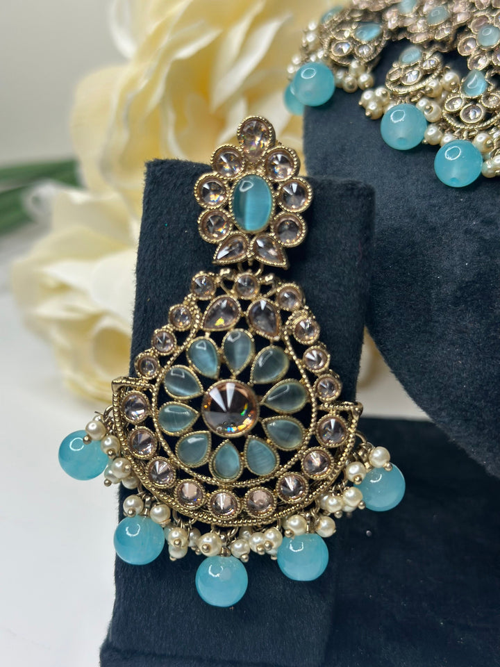 Izhaar Indian Polki Reverse AD Gold surf blue Necklace with Earrings Tikka / Wedding Jewelry/ Traditional Jewelry/Wedding set/Reverse AD