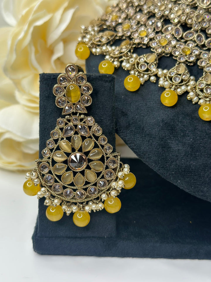 Izhaar Indian Polki Reverse AD Gold yellow Necklace with Earrings Tikka / Wedding Jewelry/ Traditional Jewelry/Wedding set/Reverse AD