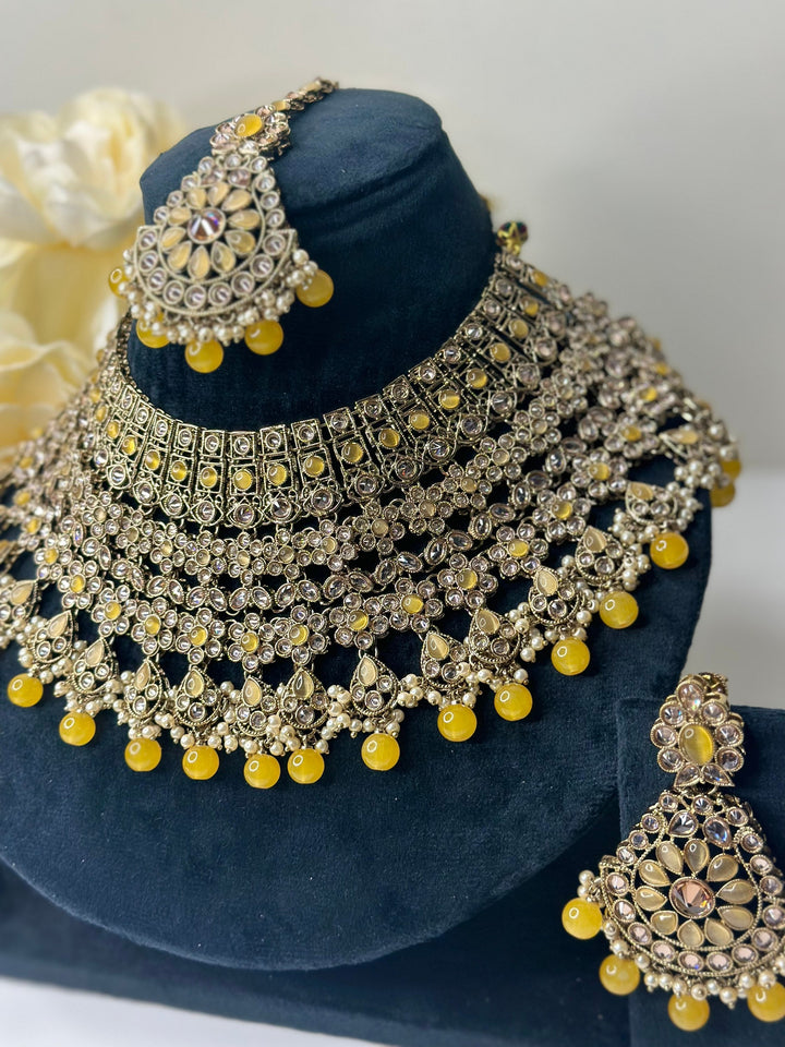 Izhaar Indian Polki Reverse AD Gold yellow Necklace with Earrings Tikka / Wedding Jewelry/ Traditional Jewelry/Wedding set/Reverse AD