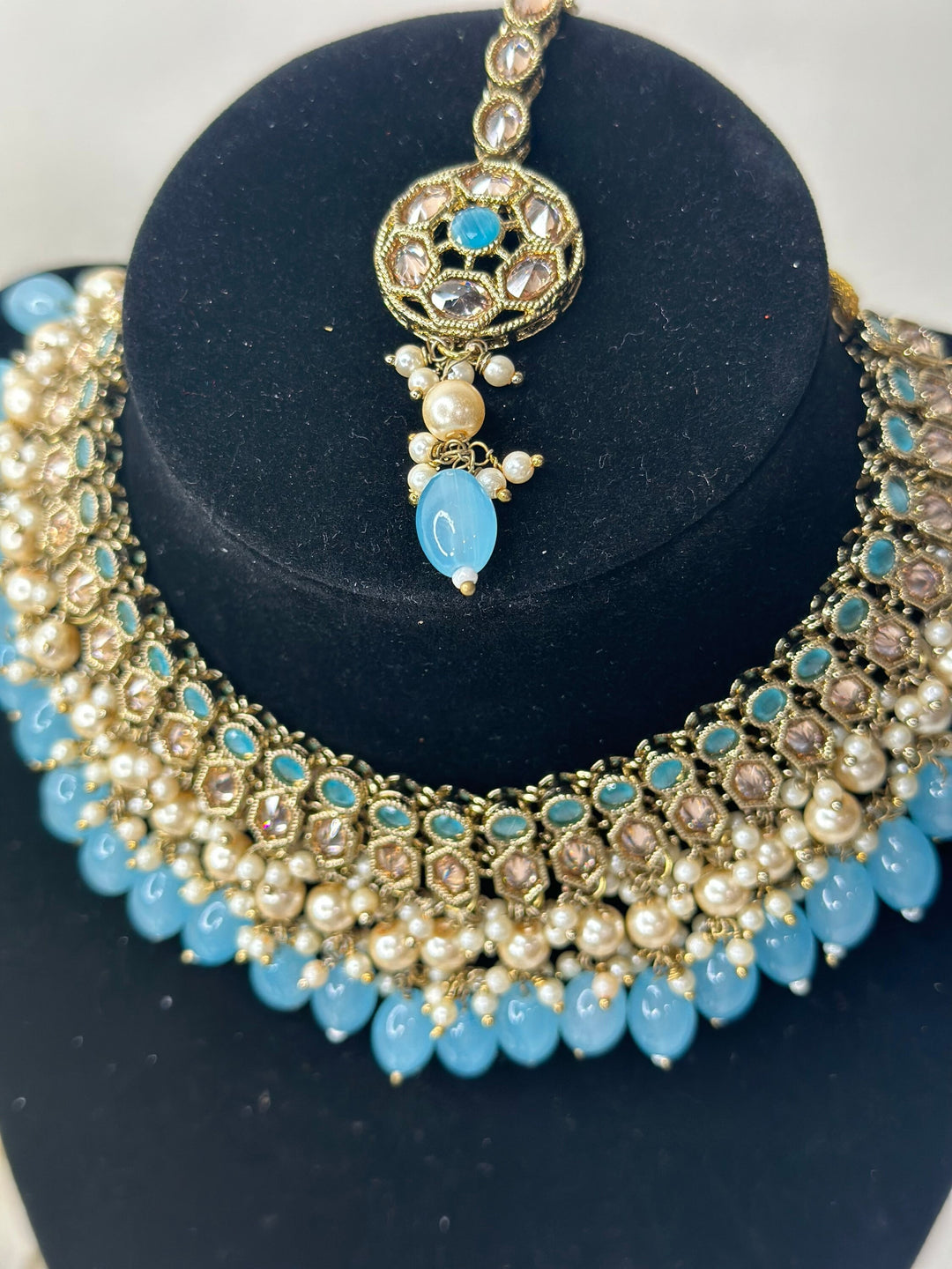 Izhaar Indian Polki Reverse AD Gold surf Firozi  Necklace with Earrings Tikka / Wedding Jewelry/ Traditional Jewelry/Wedding set/Reverse AD