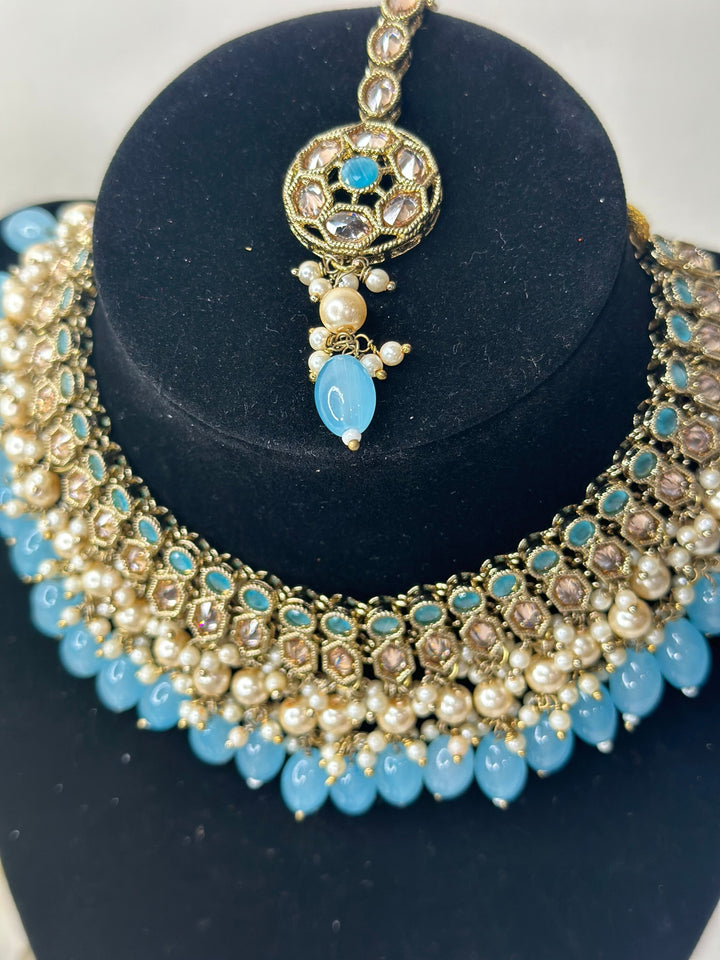 Izhaar Indian Polki Reverse AD Gold surf Firozi  Necklace with Earrings Tikka / Wedding Jewelry/ Traditional Jewelry/Wedding set/Reverse AD