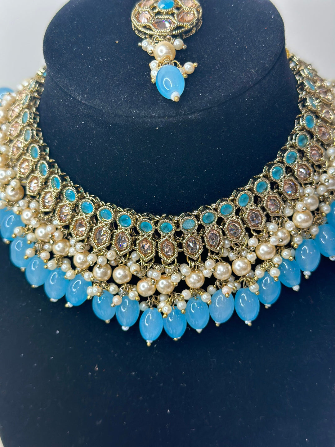 Izhaar Indian Polki Reverse AD Gold surf Firozi  Necklace with Earrings Tikka / Wedding Jewelry/ Traditional Jewelry/Wedding set/Reverse AD
