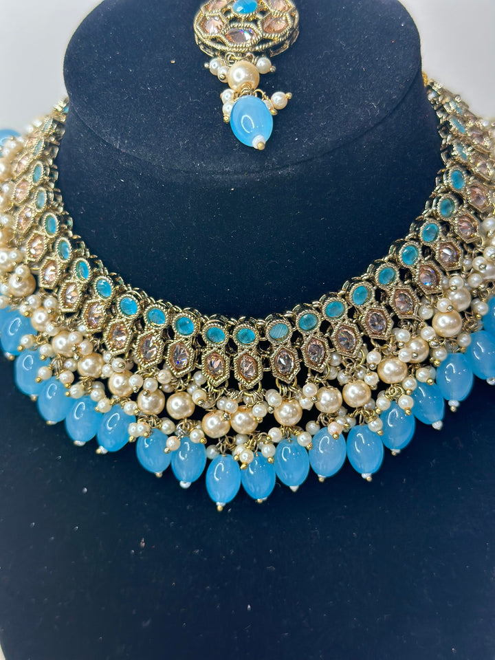 Izhaar Indian Polki Reverse AD Gold surf Firozi  Necklace with Earrings Tikka / Wedding Jewelry/ Traditional Jewelry/Wedding set/Reverse AD