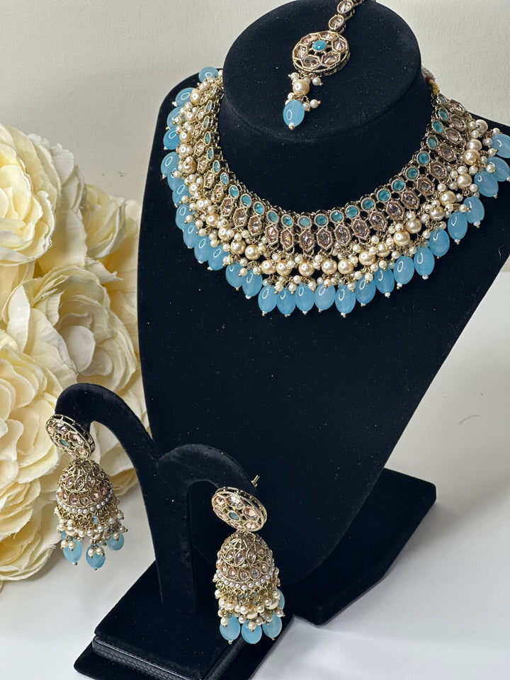 Izhaar Indian Polki Reverse AD Gold surf Firozi  Necklace with Earrings Tikka / Wedding Jewelry/ Traditional Jewelry/Wedding set/Reverse AD