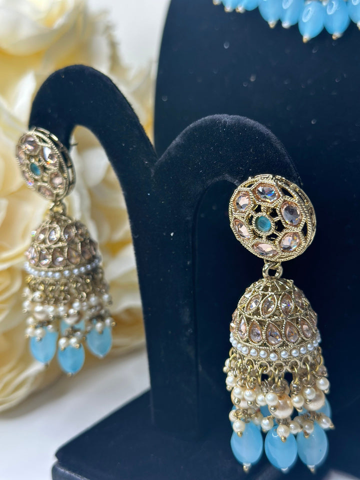 Izhaar Indian Polki Reverse AD Gold surf Firozi  Necklace with Earrings Tikka / Wedding Jewelry/ Traditional Jewelry/Wedding set/Reverse AD