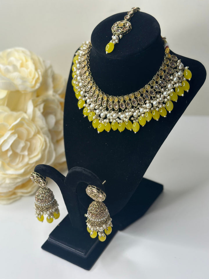 Izhaar Indian Polki Reverse AD Gold yellow Necklace with Earrings Tikka / Wedding Jewelry/ Traditional Jewelry/Wedding set/Reverse AD
