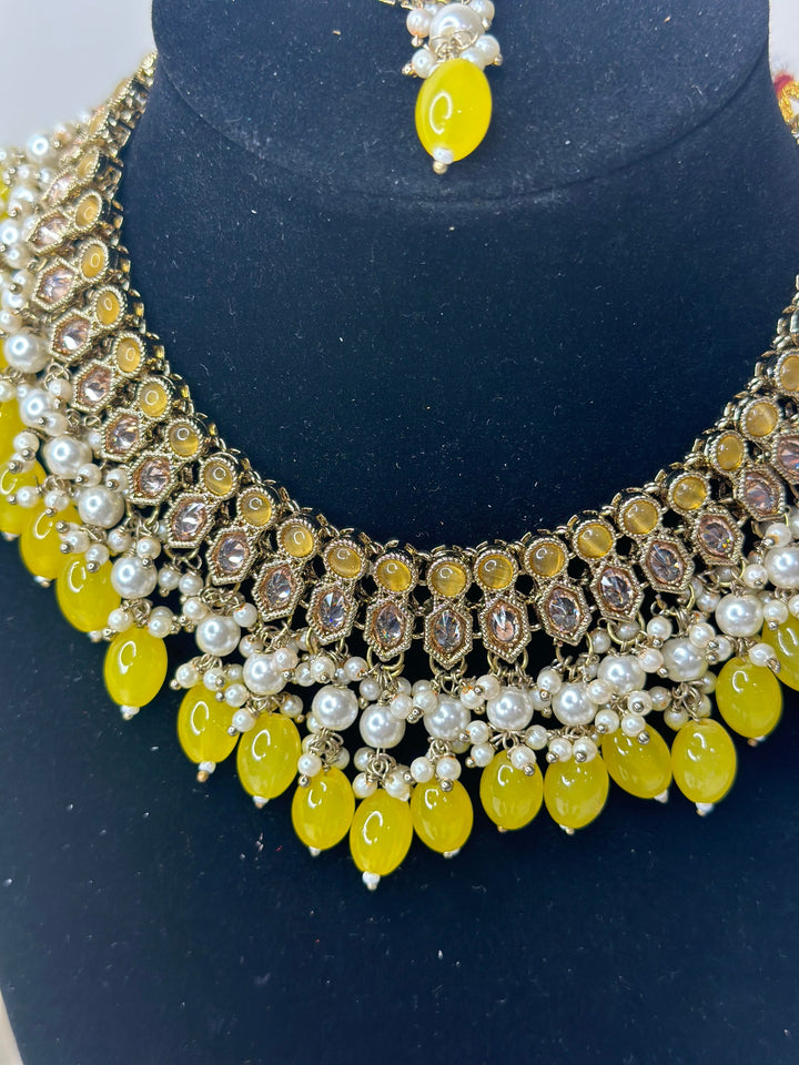 Izhaar Indian Polki Reverse AD Gold yellow Necklace with Earrings Tikka / Wedding Jewelry/ Traditional Jewelry/Wedding set/Reverse AD