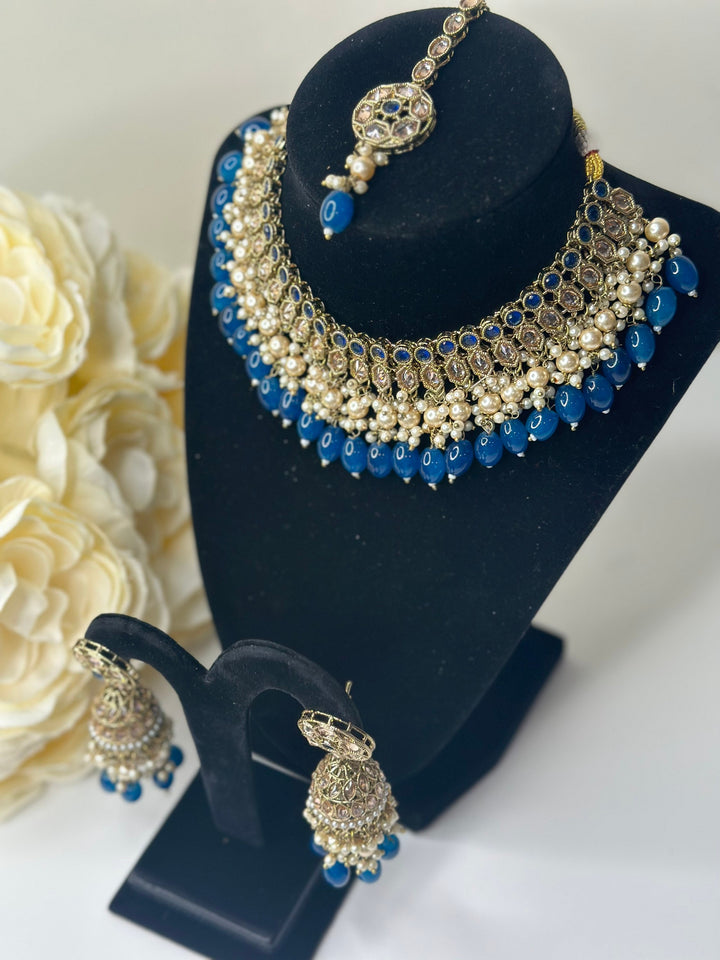 Izhaar Indian Polki Reverse AD Gold blue Necklace with Earrings Tikka / Wedding Jewelry/ Traditional Jewelry/Wedding set/Reverse AD