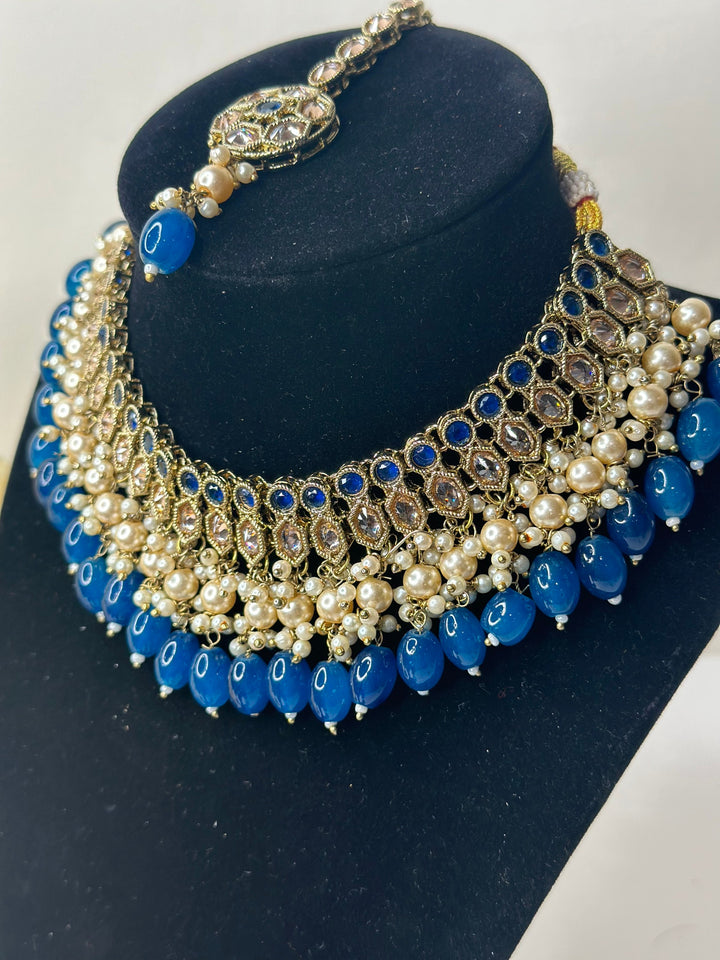 Izhaar Indian Polki Reverse AD Gold blue Necklace with Earrings Tikka / Wedding Jewelry/ Traditional Jewelry/Wedding set/Reverse AD