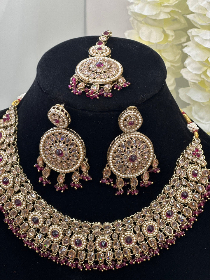 Izhaar Indian Polki Reverse AD Maroon Color Necklace with Earrings Tikka / Wedding Jewelry/ Traditional Jewelry/Wedding set/Reverse AD.
