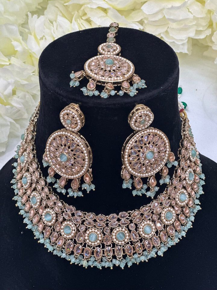 Izhaar Indian Polki Reverse AD Surf Color Necklace with Earrings Tikka / Wedding Jewelry/ Traditional Jewelry/Wedding set/Reverse AD.