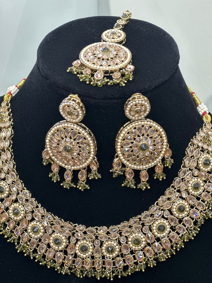 Izhaar Indian Polki Reverse AD Mehendi Color Necklace with Earrings Tikka / Wedding Jewelry/ Traditional Jewelry/Wedding set/Reverse AD.
