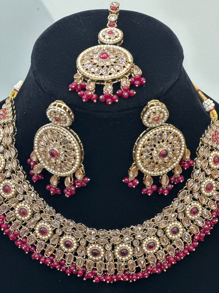 Izhaar Indian Polki Reverse AD D. Pink Color Necklace with Earrings Tikka / Wedding Jewelry/ Traditional Jewelry/Wedding set/Reverse AD.