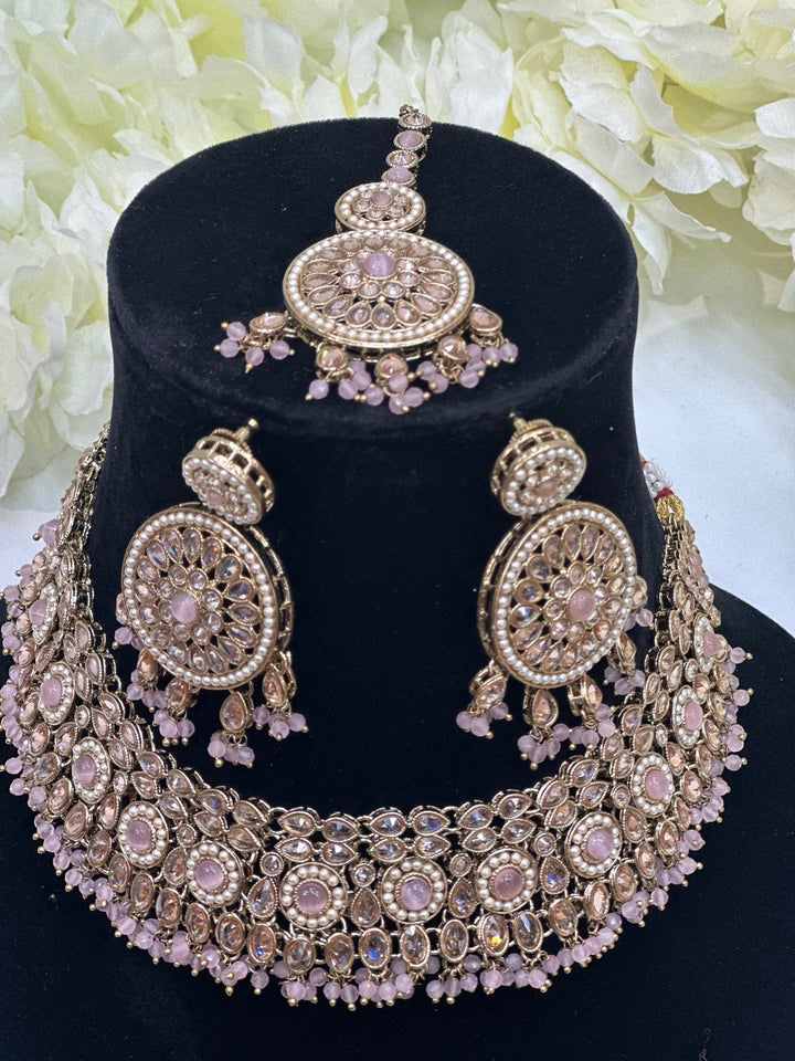 Izhaar Indian Polki Reverse AD B. Pink Color Necklace with Earrings Tikka / Wedding Jewelry/ Traditional Jewelry/Wedding set/Reverse AD.